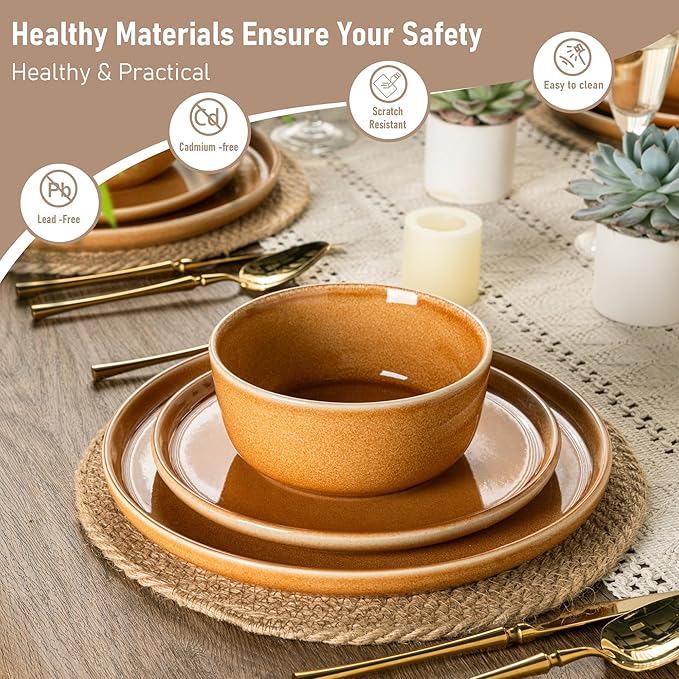 GBHOME Ceramic Dinnerware Sets for 8 24 Pieces Stoneware Plates and Bowls Sets Scratch Resistant Dishes Dishwasher &amp Microwave Safe Reactive Glaze-Amber