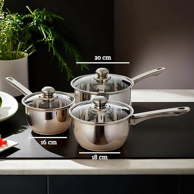 Premier Housewares 3-Piece Pan Set with Glass Lids - Stainless Steel