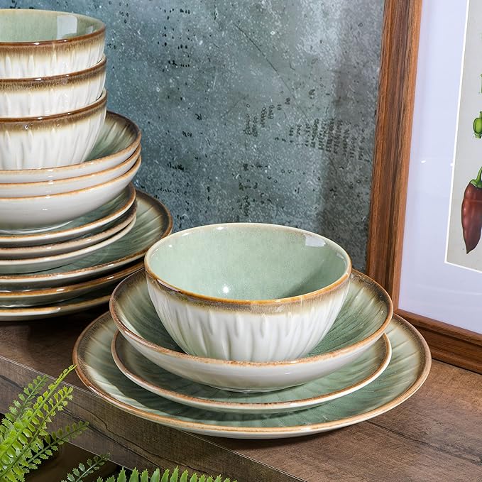 Gibson Elite Mayfair Bay 16-Piece Embossed Double Bowl Dinnerware Set Service for 4 – Green Stoneware Plates and Bowls