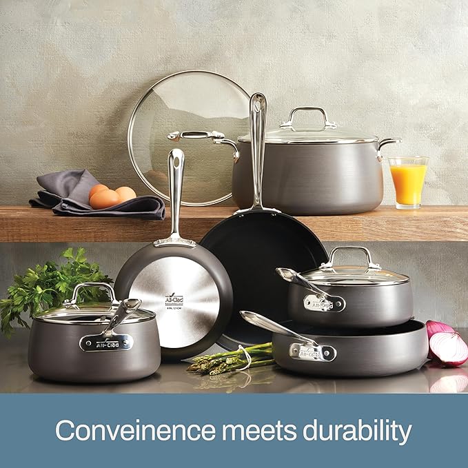 All-Clad HA1 Hard Anodized Nonstick Cookware Set 10 Piece Induction Oven Broiler Safe 500F Lid Safe 350F Pots and Pans Black