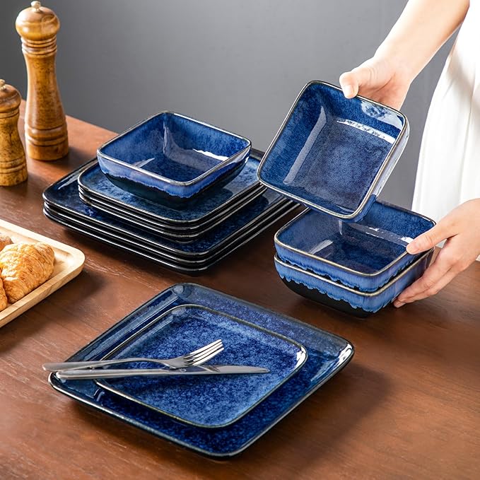 vancasso Stern Blue Dinner Set Square Reactive Glaze Tableware 12 Pieces Kitchen Dinnerware Stoneware Crockery Set with Dinner Plate Dessert Plate Bowl Service for 4