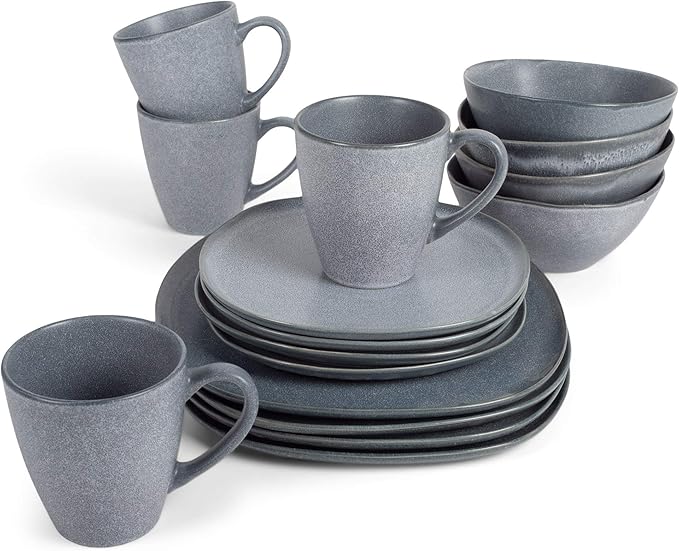 Elanze Designs 16-Piece Modern Luxury Chic Smooth Vintage Handmade Shape Matte Finish Ceramic Stoneware Square Plate Mug &amp Bowl Kitchen Dinnerware 16 Piece Set - Service for 4 Slate Grey