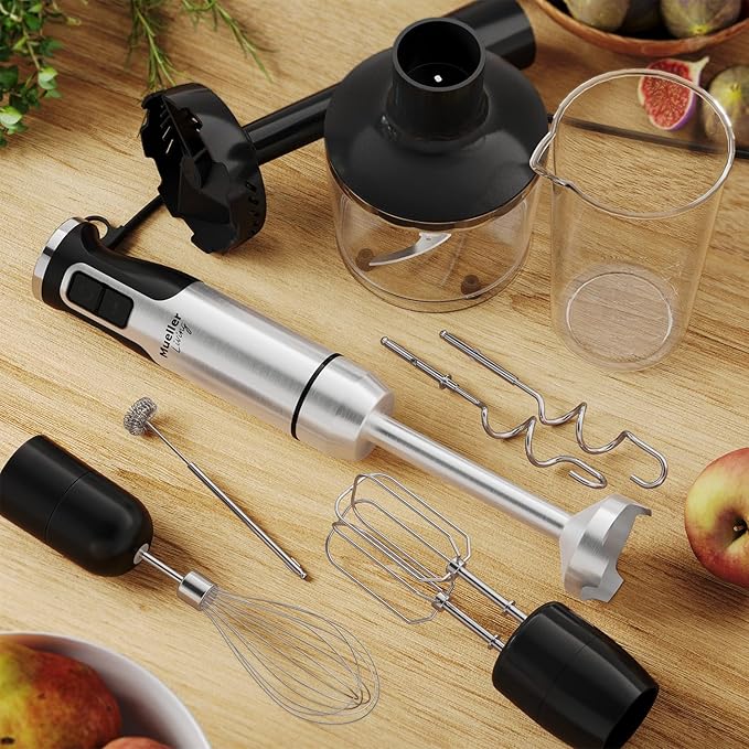 MuellerLiving Immersion Hand Blender Full Set - 8 Speed Immersion Blender Hand Mixer with 7 Attachments: Stainless Steel Blade Whisk Milk Frother Beater Mixing Hooks Potato Masher Chopper Bowl