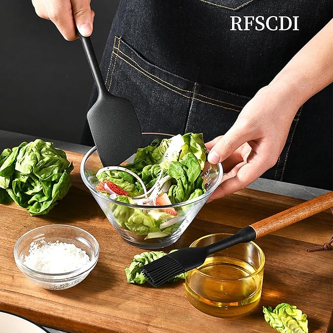 Exquisite Silicone Cooking Utensils Set - Non-Toxic Heat-Resistant Kitchen Utensils Set with Food-Grade Silicone &amp Wood Handles - Includes Spatula &amp Spoon for Non-Stick Cookware Black