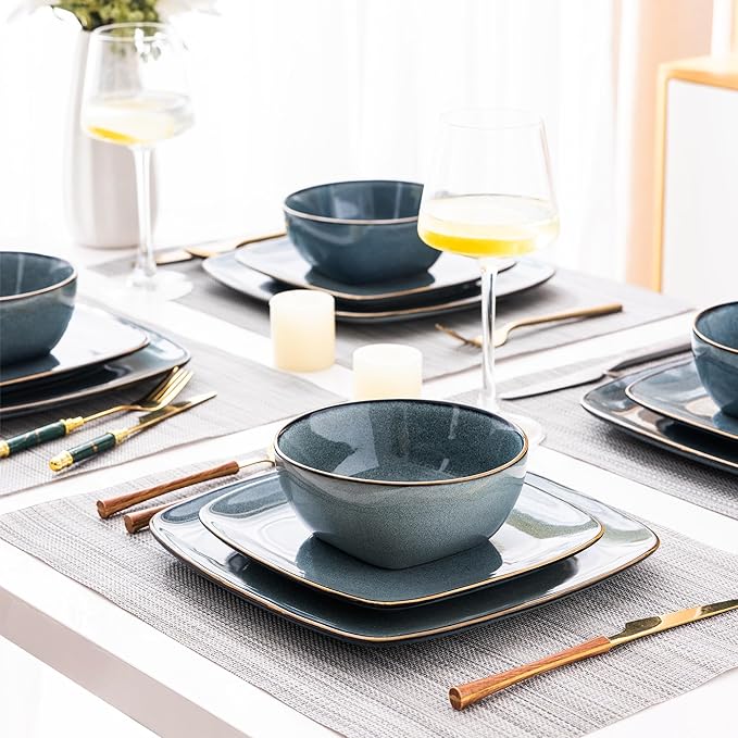 AmorArc Ceramic Dinnerware Sets for 4 12 Pieces Square Handpainted Plates and Bowls Set Chip and Scratch Resistant Stoneware Dishes Set Dishwasher &amp Microwave Safe Ocean Blue