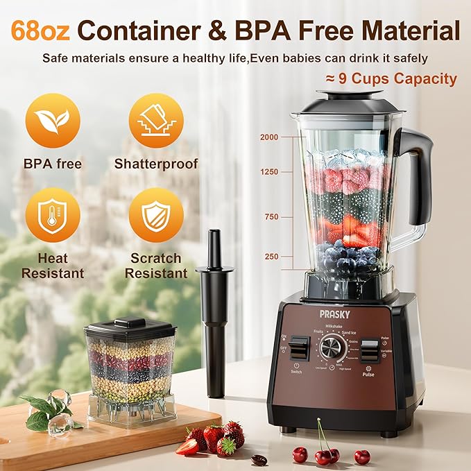 Blenders for Kitchen Smoothie Blender 2400W/1000W Prasky Blender &amp Grinder Combo 25000 RPM High Speed 68oz BPA-Free Food Processor Countertop Blender for Smoothies Shakes &amp Food (Brown