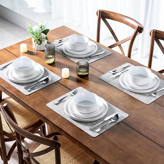 AmorArc Ceramic Dinnerware Sets for 6 Modern Flat Stoneware Plates and Bowls SetsChip and Crack Resistant | Dishwasher &amp Microwave Safe Dishes SetScratch Resistant- Service for 6 (18pc)-Matte W