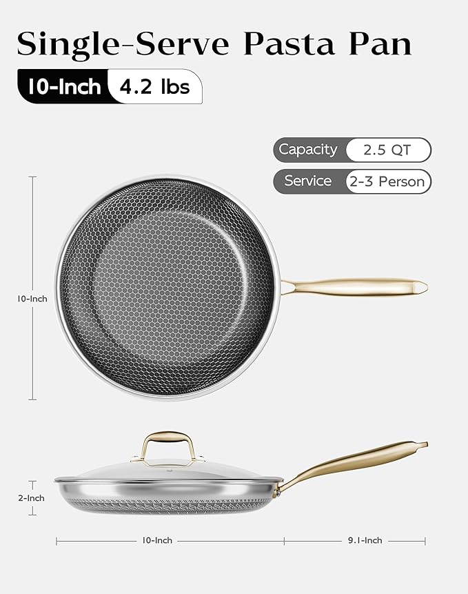 Honeycomb Stainless Steel Nonstick Frying Pan with Lid 10 Inch Induction Cooktop Compatible Skillet PFOA-Free Scratch-Proof Dishwasher &amp Oven Safe Stay-Cool Handle Gold Kitchen Cookware
