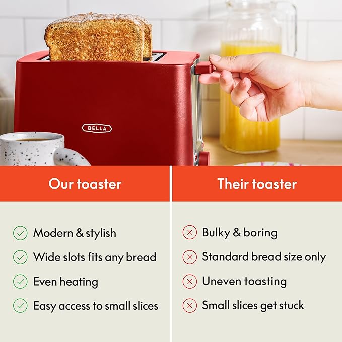BELLA 2 Slice Toaster with Auto Shut Off - Extra Wide Slots &amp Removable Crumb Tray and Cancel Defrost &amp Reheat Function - Toast Bread Bagel &amp Waffle Red