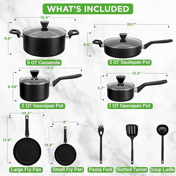 NutriChef 13-Piece Nonstick Cookware - Heat Resistant Kitchen Ware Set w/Saucepan Frying Pans Cooking Pots Casserole Lids Ladle Fork Strainer - NCCWA13 Black