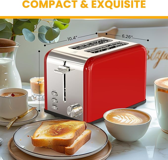 Simple Deluxe 2-Slice Toaster 6 Browning Setting and 3 Function Stainless Steel Toaster Extra Wide Slot &amp Removable Crumb Tray for Bread &amp Waffle Red