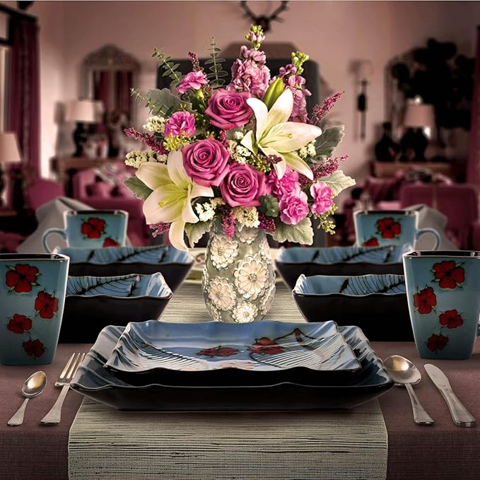 16 Piece Stoneware Dinnerware Set Square Dinnerware Collection for 4 Dishwasher &amp Microwave Safe Dishes in Blue Floral Design