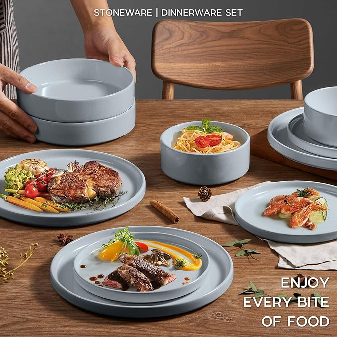 Onader Dinnerware sets 24 Piece Plates and Bowls Stoneware Kitchen Dinner Dish Set for 6 Ceramic Speckled Dinnerware with Pasta Bowl - Slate Gray