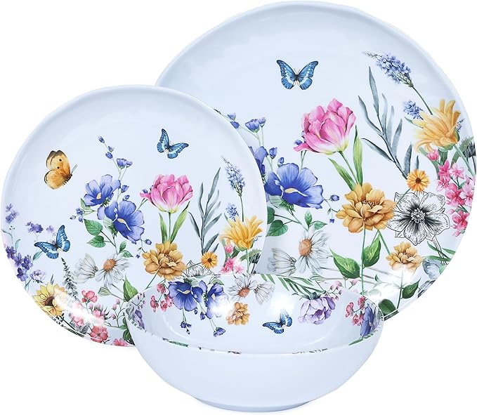 12 Piece Melamine Dinnerware Sets - Plates And Bowls Sets Floral Dinnerware Sets- Spring Camping Dishs Indoor Outdoor UseFlowers And Butterflies Pattern
