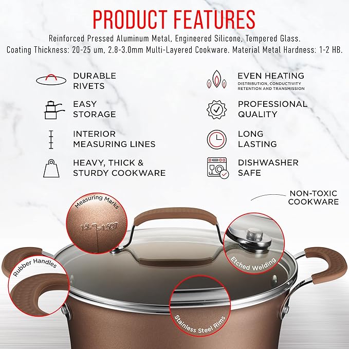 Pots and Pans Set – 14 Piece – Non-Stick Professional Home Kitchenware – Cooking Pots with Lids – Skillet Fry Pans – Suitable for Gas Electric Ceramic and Induction Counter Cooktops - Golden