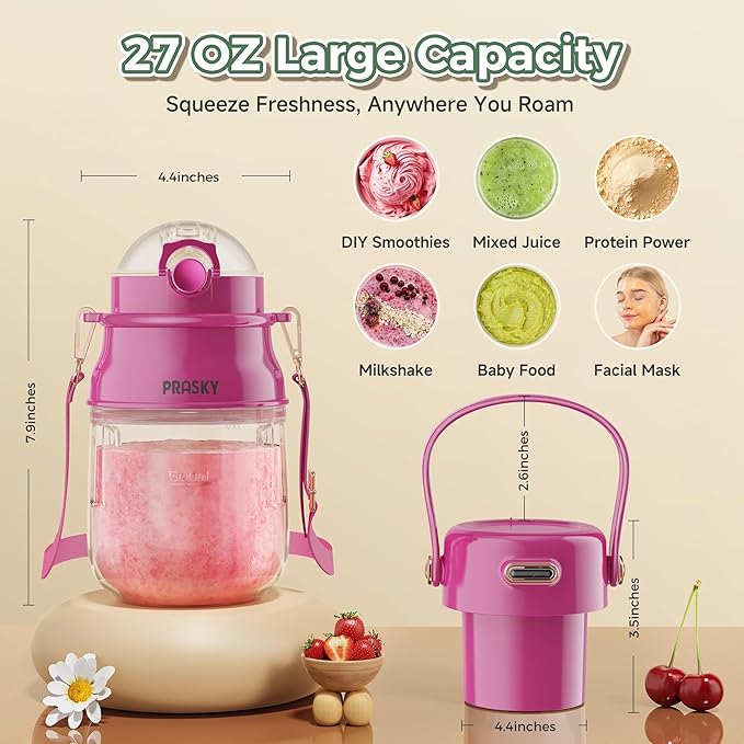 Portable Blender Prasky Personal Blenders for Shakes and Smoothies with 31oz Cup Lid and Shoulder Strap Type-C USB Rechargeable Personal Size Blenders BPA-free for Travel/Kitchen(Rose Red)