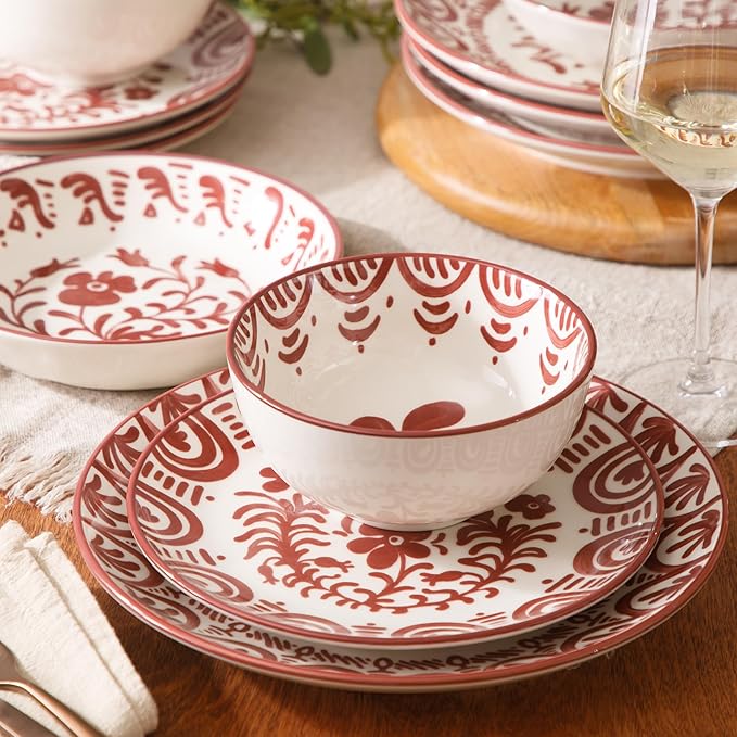 Bloomhouse - 2-Time Oprah’s Favorite Things - Valencia Flor 16 Piece Dinnerware Set Artisanal Decorated Stoneware Plates &amp Bowls Service for 4 Microwave &amp Dishwasher Safe Pomegranate Red