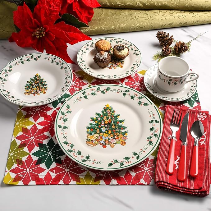 20-Piece Christmas Dinnerware Set – Festive Holiday Tree Trimming Design Ceramic Service for 4