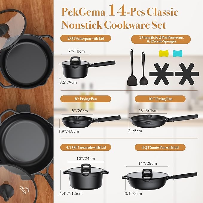 Nonstick pots and pans set 14 Pcs Induction Cooking Set with Pour Spouts and Oven Safe for Casserole PFOA FREE Classic BlackCompatible with All CooktopsHeat-resistant and comfortable handle