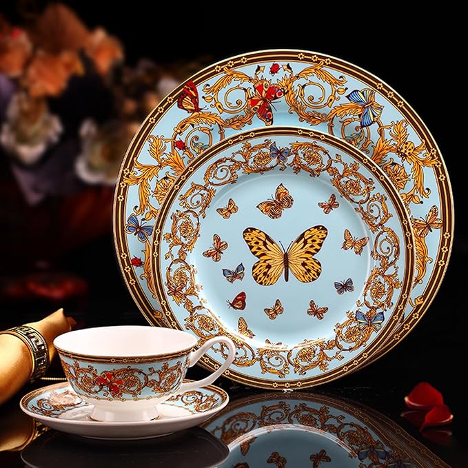 European Style Dinnerware Set Service for 6 Bone China Dinnerware Sets Unbreakable Porcelain Dinner Sets Coffee Cup and Saucer Tableware Set Steak Dinner Plates Dish Set Butterfly Manor