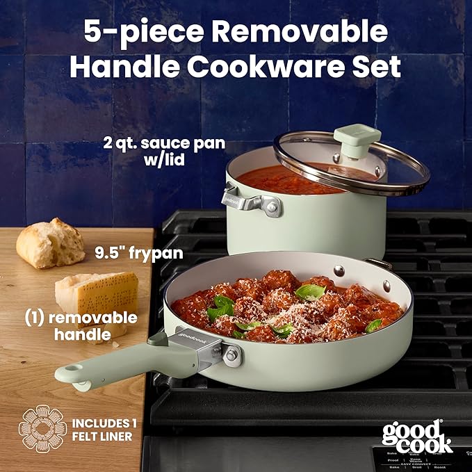 GoodCook Ceramic Cookware Set 5-Piece with Removable Handle Induction Compatible Nonstick and Oven Safe with 9.5-Inch Frypan Sage Green