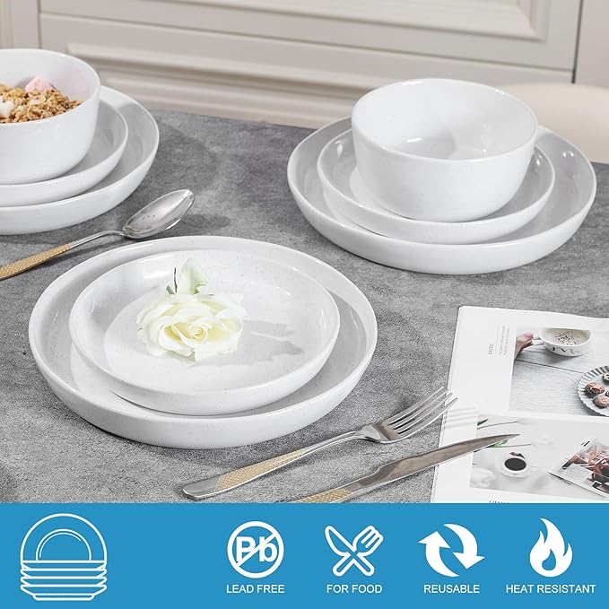 12pcs Ceramic Plate and Bowl SetsStoneware Dinnerware SetsService for 4Ceramic Kitchen Dinner SetPorcelain Dishes SetMicrowave&ampDishwasher SafeWhite