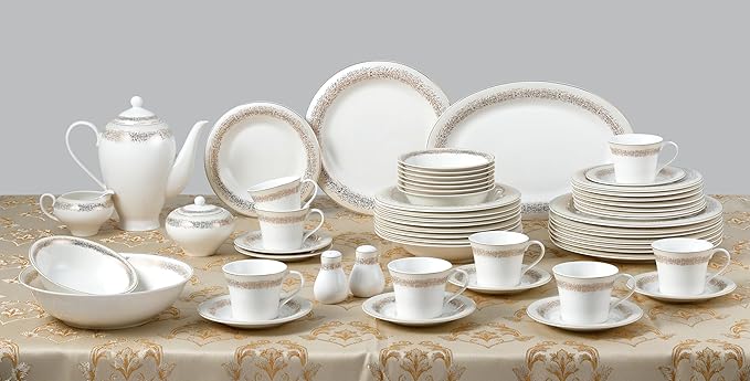 Lorren Home Trends Bone China Dinnerware Set White with Gold Trim Pattern Service for 8 Complete 57-Piece Dining Collection