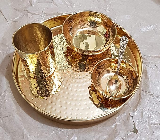 Pure Source India Hammered Brass Solid Dinner Thali Set -5 Pieces Gold Hammered