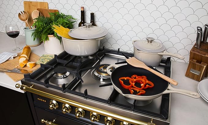 Larder &amp Vine 5-Piece Enameled Cast Iron Cookware Set - Includes 5.7 Quart Dutch Oven with Lid 10.25 Inch Skillet 2.2 Quart Saucepan with Lid (Stone)
