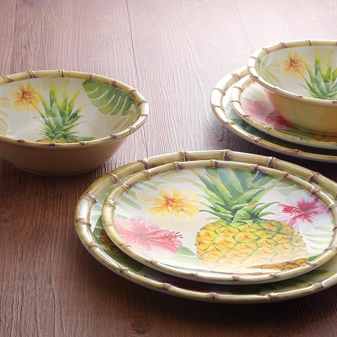 UPware 12 Piece Pineapple Melamine Dinnerware Sets Outdoor Dishes Set Plates and Bowls Sets Service for 4 Multicolor