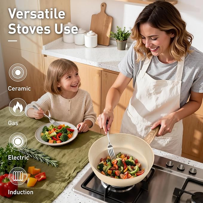 DisDelight Pots and Pans Set Non Stick Nonstick Induction Granite Kitchen Cookware Sets Induction Nonstick Granite Cooking Set Induction Cookware Cooking Pan Set Pan Sets for Cooking Cream White