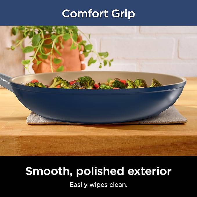 Ninja Extended Life Ceramic 10.25 Fry Pan with Comfort Grip Nonstick Fry Pans Pots PTFE Free Healthy Cooking Oven Safe Dishwasher Safe All Stovetops &amp Induction Compatible Navy Blue CW40