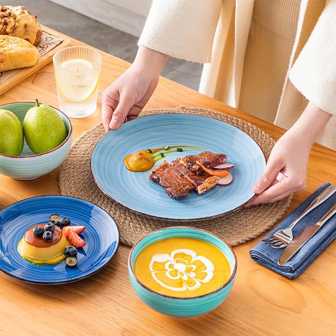 vancasso Bonita Dinnerware Set Blue Stoneware 18 Pieces Service for 6 Handpainted Spirals Pattern Stoneware Plates and Bowls Set