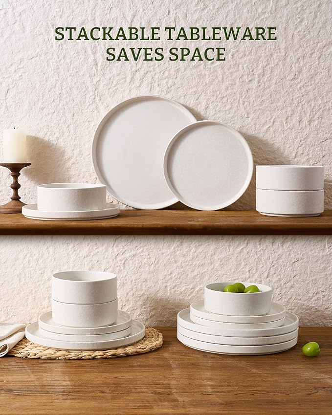 Famiware Nebula Plates and Bowls Sets 12 Pieces Stoneware Dinnerware Sets Reactive Glaze Dish Set Dishes Set for 4 Matte Beige White