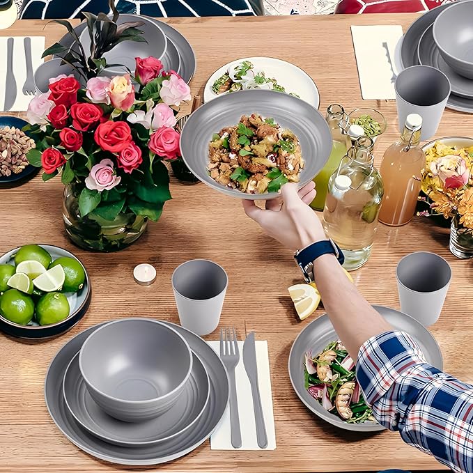 LIYH 28 Pcs Dark Grey Plates and Bowls Dinnerware Sets Dish Set for 4 Unbreakable Reusable Plate Wheat Straw Plates and Bowls Apply to Kitchen &amp Camping
