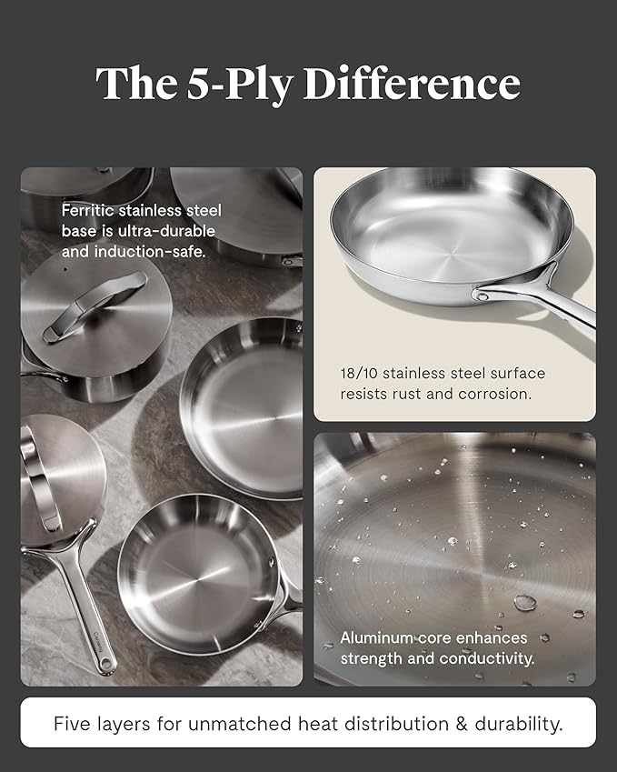 Caraway Stainless Steel Deluxe Cookware Set (16 Piece) - 5-Ply Stainless Steel Pots Frying Pans Lids and Kitchen Storage - Non Toxic PTFE &amp PFOA Free