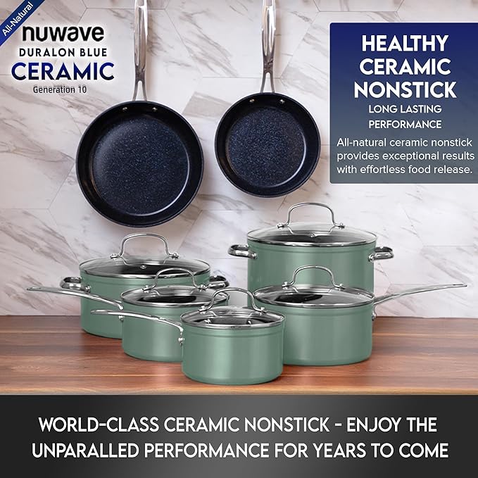 Nuwave Healthy Duralon Blue Ceramic Nonstick Cookware Set Diamond Infused Scratch-Resistant PFAS Free Dishwasher &amp Oven Safe Induction Ready &amp Evenly Heats Tempered Glass Lids &amp Stay-