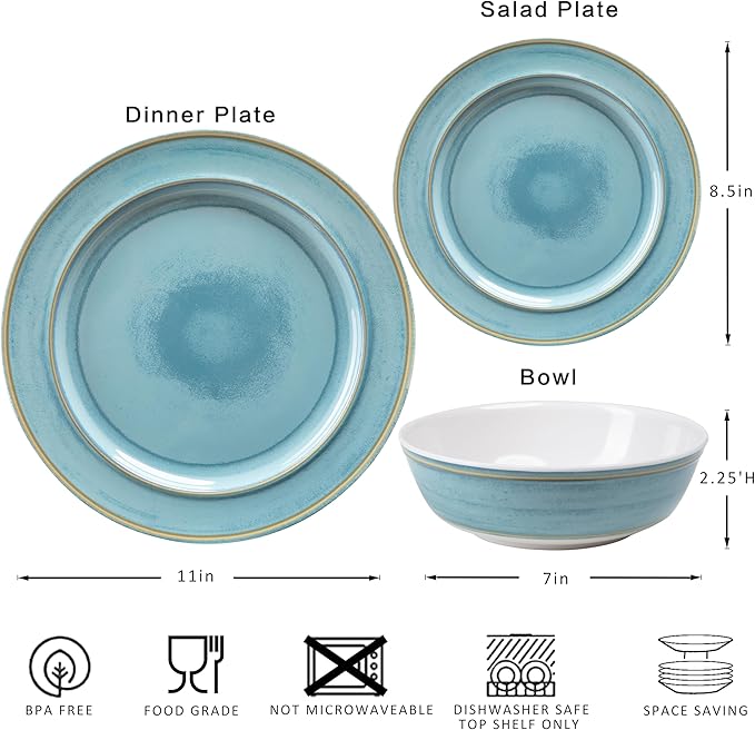 Melamine Dinnerware Sets18 Piece Reactive Glaze like ceramic Dishes Set Service for 6Nonbreakable and Lightweight Kitchen Plate and bowls Set Great for PatioOutdoorsRVCamping