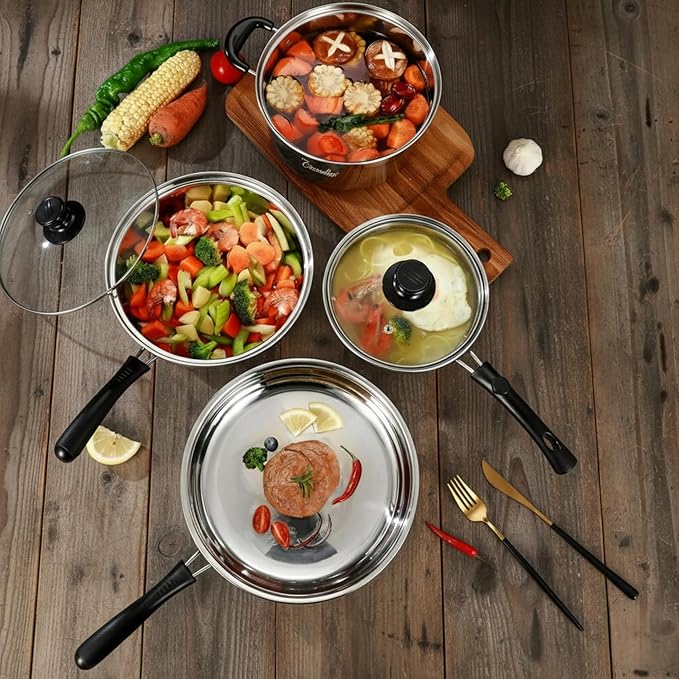 Chandler Stainless Steel Cookware Set 13-piece Pots and Pans with Tempered Glass Lid - Cooking Set with Deep Pans Saucepans &amp Pots Compatible for Family Meals (13-Pieces Stainless Steel)