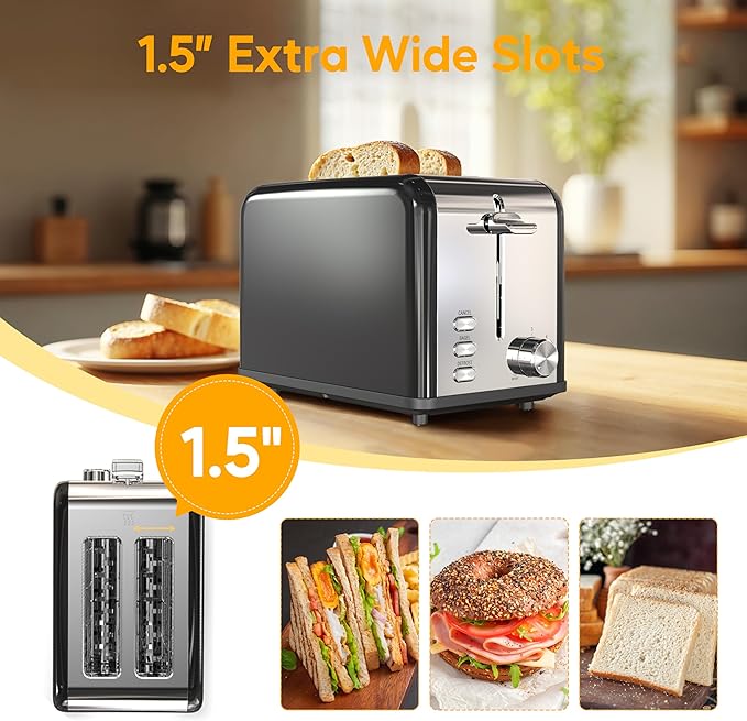 HealSmart 2-Slice Stainless Steel Toaster 6 Browning Setting and 3 Function Toaster Extra Wide Slot &amp Removable Crumb Tray for Bread &amp Waffle Black