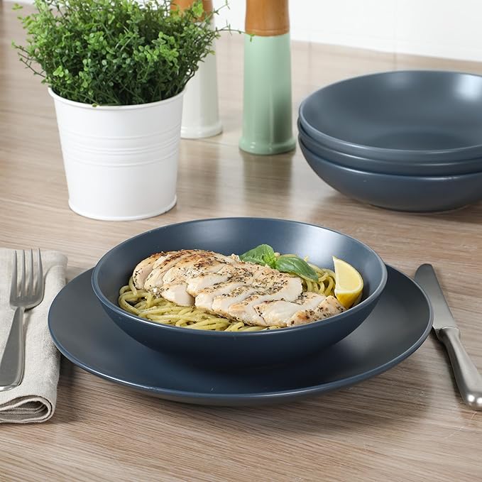 Gibson Home Queenslane 16-Piece Matte Blue Stoneware Dinnerware Set – Double Bowl Plates and Bowls Durable Kitchen Dinner Set