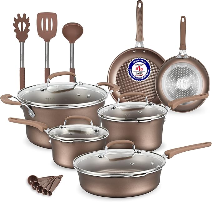 Pots and Pans Set – 14 Piece – Non-Stick Professional Home Kitchenware – Cooking Pots with Lids – Skillet Fry Pans – Suitable for Gas Electric Ceramic and Induction Counter Cooktops - Golden