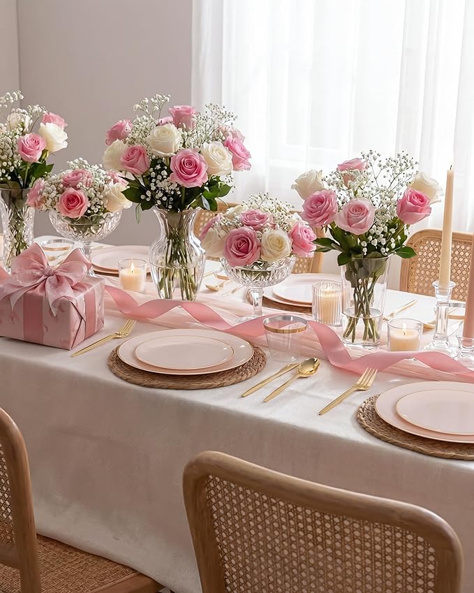 bUCLA 150PCS Pink Plastic Plates - Pink and Gold Disposable Include 25 Each (Dinner &amp Dessert) Plates 25 Knives 25 Forks 25 Spoons and 25 Cups Ideal for Party Wedding &amp Easter