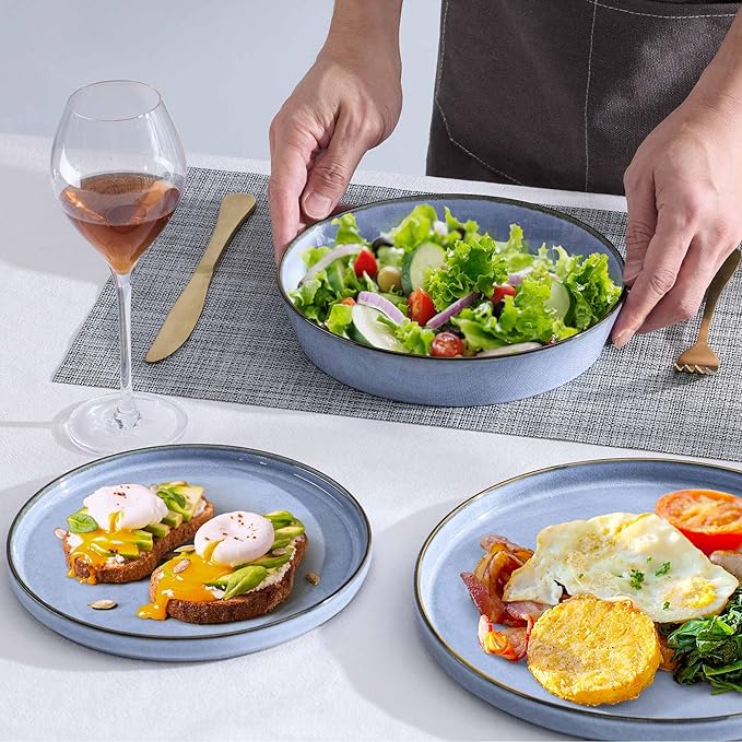 Herogo Dinnerware Sets with Pasta Bowls for 4 16 Piece Dinner Salad Plates and Cereal Serving Bowls Stoneware Dishes Dinner Ware for Home Kitchen Dishwasher &amp Microwave Safe Haze Blue