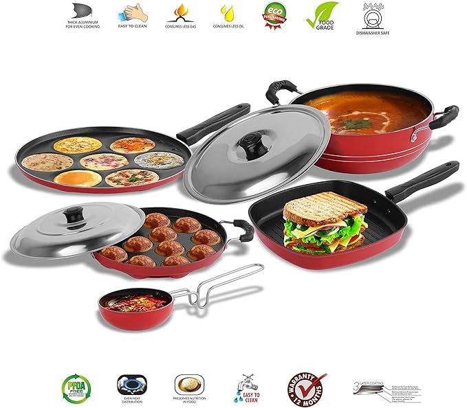 Sumeet 2.6mm Thick Non-Stick Red Wave Cookware set (Multi snack maker – 26.5cm Dia + Kadhai With Lid – 1.5Ltr + Grill Appam Patra With Lid – 23cm Dia + Grill Pan – 1.1Ltr + Tadka Pan – 10cm Dia)