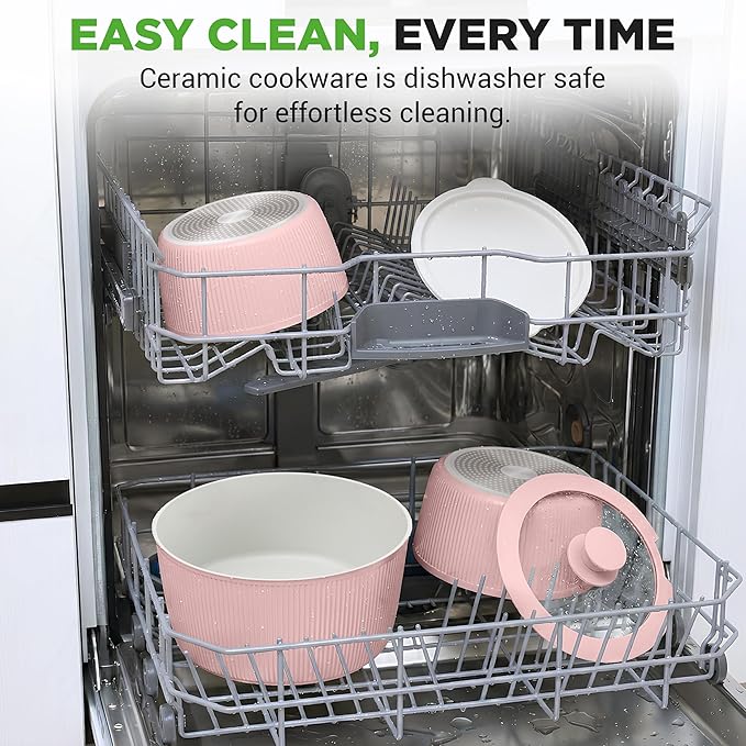NutriChef 18-Piece Ceramic Cookware Set with Detachable Handles Non Stick Pots and Pans PTFE-Free Natural Ceramic Coating Space-Saving Design Oven &amp Stove Safe Includes Utensils Pink