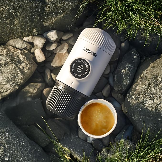 WACACO Nanopresso Portable Espresso Maker Bundled with Protective Case Upgrade Version of Minipresso Mini Travel Coffee Machine Perfect for Camping Travel and Office (New Elements Chill White)