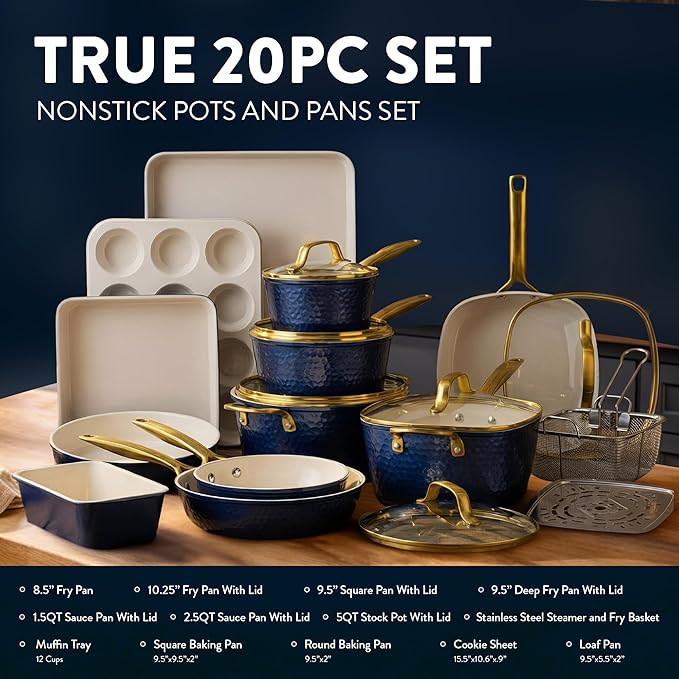 Gotham Steel Hammered 20Pcs Ceramic Cookware Set Induction Pots and Pans Set Non Stick with Deep Fry Pan Steamer &amp Bakeware Non Toxic PFOA PFOS Free Oven &amp Dishwasher Safe