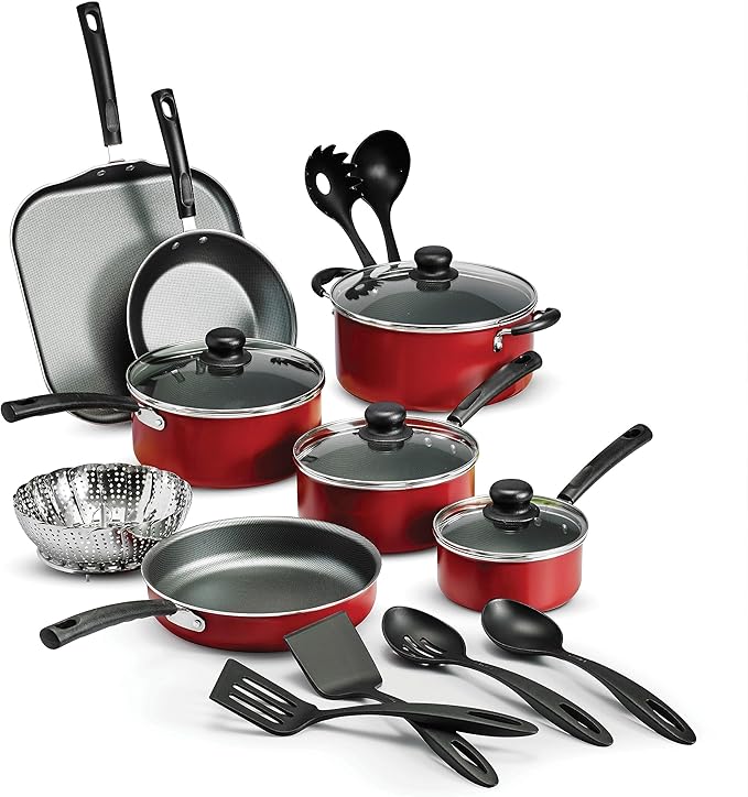 18-Piece Non-Stick Cooking Set (Steel Gray) – Versatile Easy-Clean Compatible with Multiple Stove Types (Red)