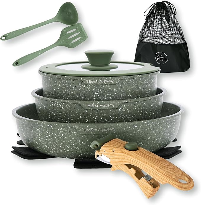 Kitchen Academy Granite Cookware Sets with 2 Pcs Detachable Handle